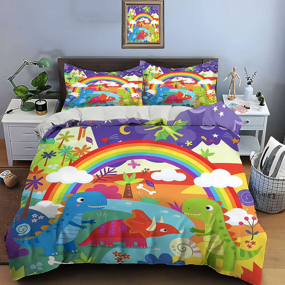 Duvet Cover Sets With Zipper - 만화 공룡 세계와 무지개 패턴 이불
