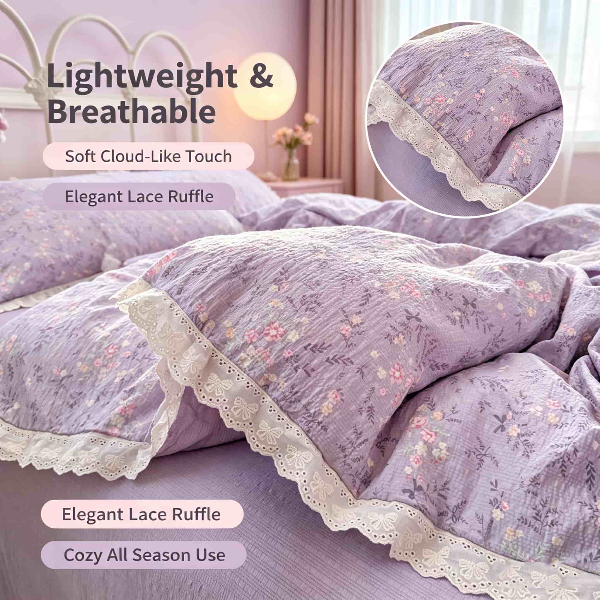 Aesthetic Floral Duvet Cover - 아름다운 코티지코어 스타일 침구 세트, 보라색