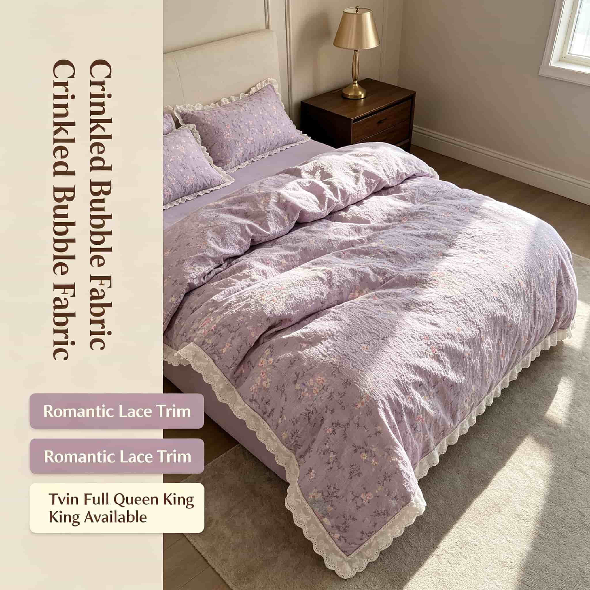 Aesthetic Floral Duvet Cover - 러플 레이스 장식의 플로럴 침구 세트,