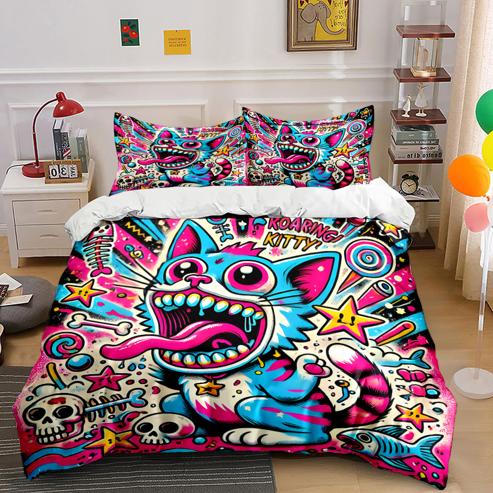 Duvet Cover Sets With Zipper - 팝 그래피티 스타일 포효하는 고양이 패턴
