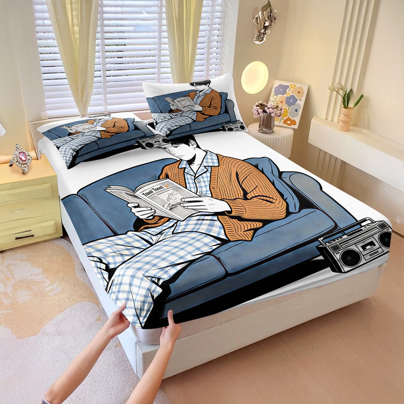 Fitted Bed Sheets Deep Pocket - 귀여운 커피 펭귄 프린트 피티드 시트