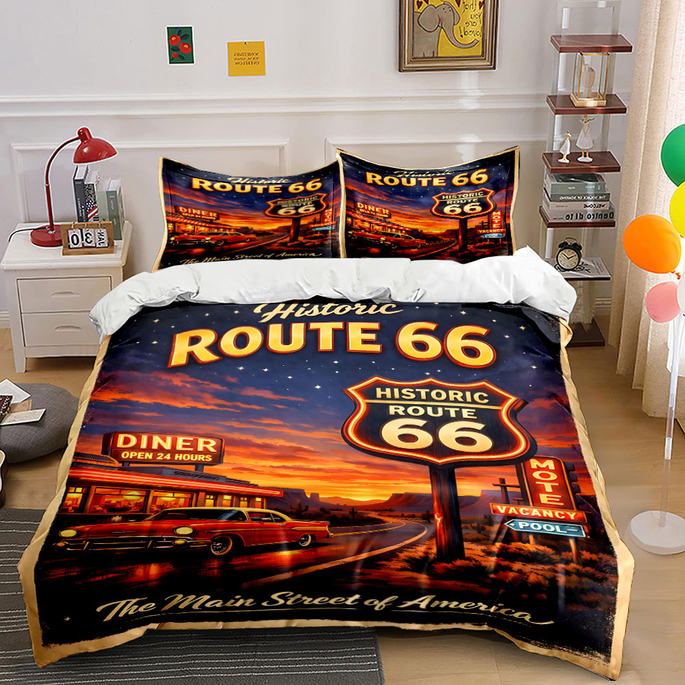 Duvet Cover Sets With Zipper - 루트 66 패턴의 향수를 불러일으키는 밤