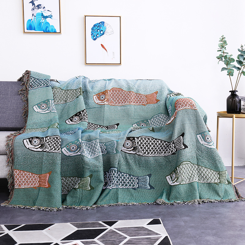 Boho Throw Blanket Fringe - 코이 물고기 자카드 직조 담요, 보헤미안