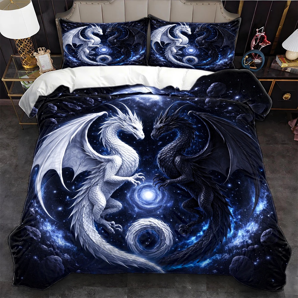 Duvet Cover Sets With Zipper - 별이 빛나는 하늘과 용 문양이 새겨진