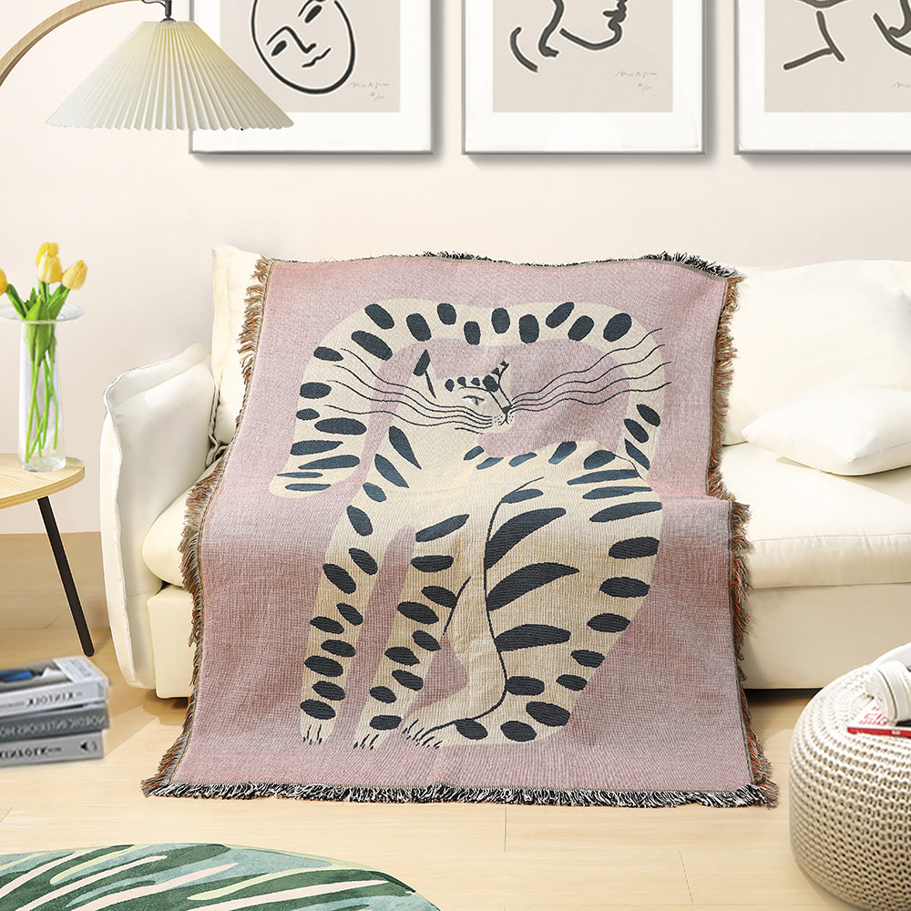 Boho Throw Blanket Fringe - 보헤미안 추상 고양이 자카드 담요, 예술적인