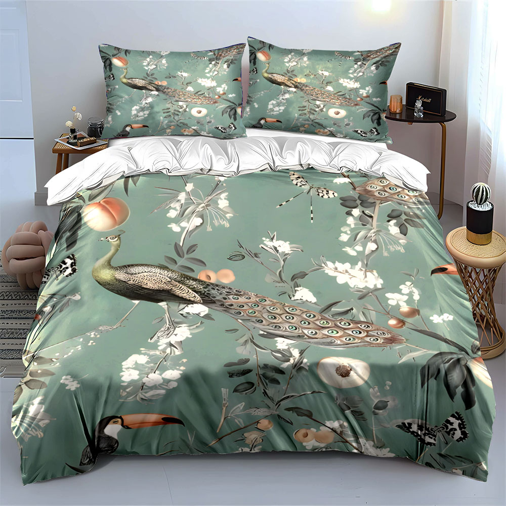 3PC 공작새 투칸 꽃무늬 침구 세트,열대 새와 복숭아 - Aesthetic Floral Duvet Cover 리뷰 및 가격