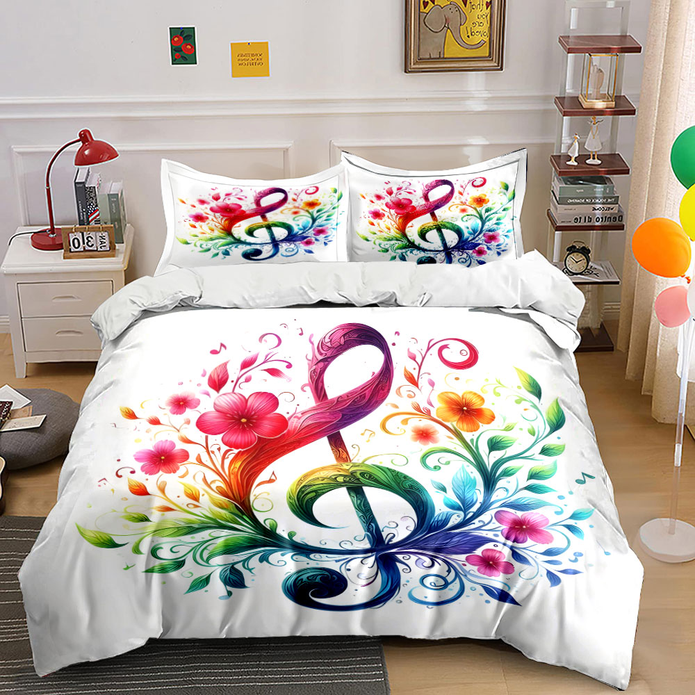 활기 넘치는 꽃무늬와 음표 패턴이 얽힌 디지털 프린트  - Duvet Cover Sets With Zipper 리뷰 및 가격