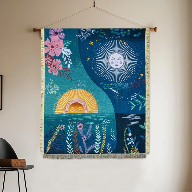 천상의 태양과 달이 그려진 보헤미안풍 벽걸이 태피스트리 - Boho Throw Blanket Fringe 리뷰 및 가격