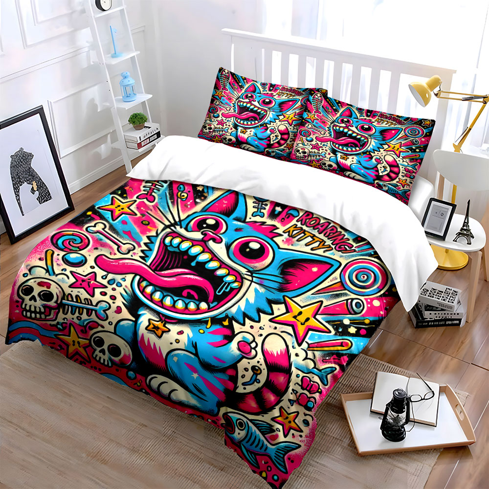 팝 그래피티 스타일 포효하는 고양이 패턴 이불 커버 세 - Duvet Cover Sets With Zipper 리뷰 및 가격