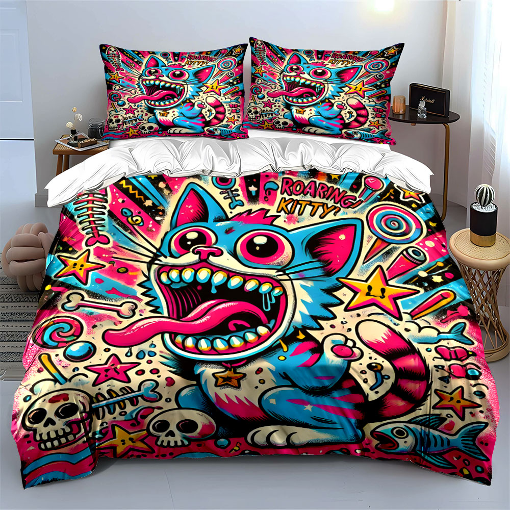 팝 그래피티 스타일 포효하는 고양이 패턴 이불 커버 세 - Duvet Cover Sets With Zipper 리뷰 및 가격