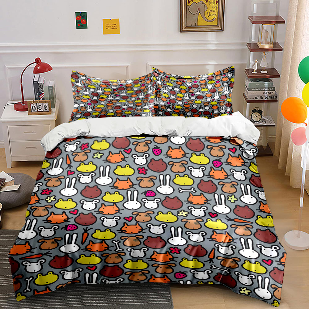 만화 동물 얼굴 패턴 패턴 이불 커버 세트 디지털 인쇄 - Duvet Cover Sets With Zipper 리뷰 및 가격