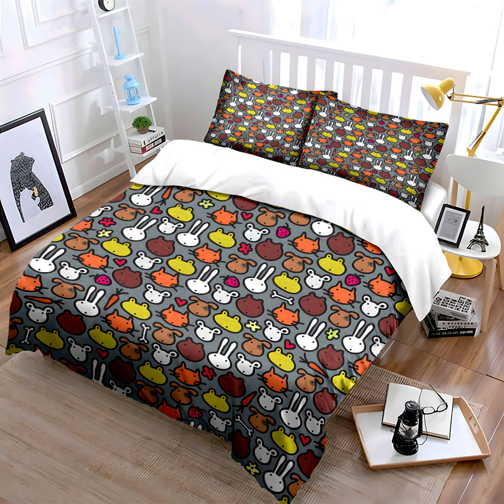 만화 동물 얼굴 패턴 패턴 이불 커버 세트 디지털 인쇄 - Duvet Cover Sets With Zipper 리뷰 및 가격
