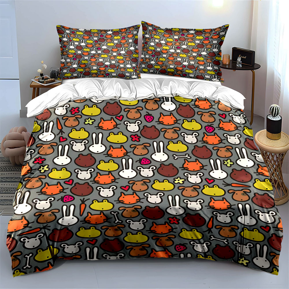 만화 동물 얼굴 패턴 패턴 이불 커버 세트 디지털 인쇄 - Duvet Cover Sets With Zipper 리뷰 및 가격