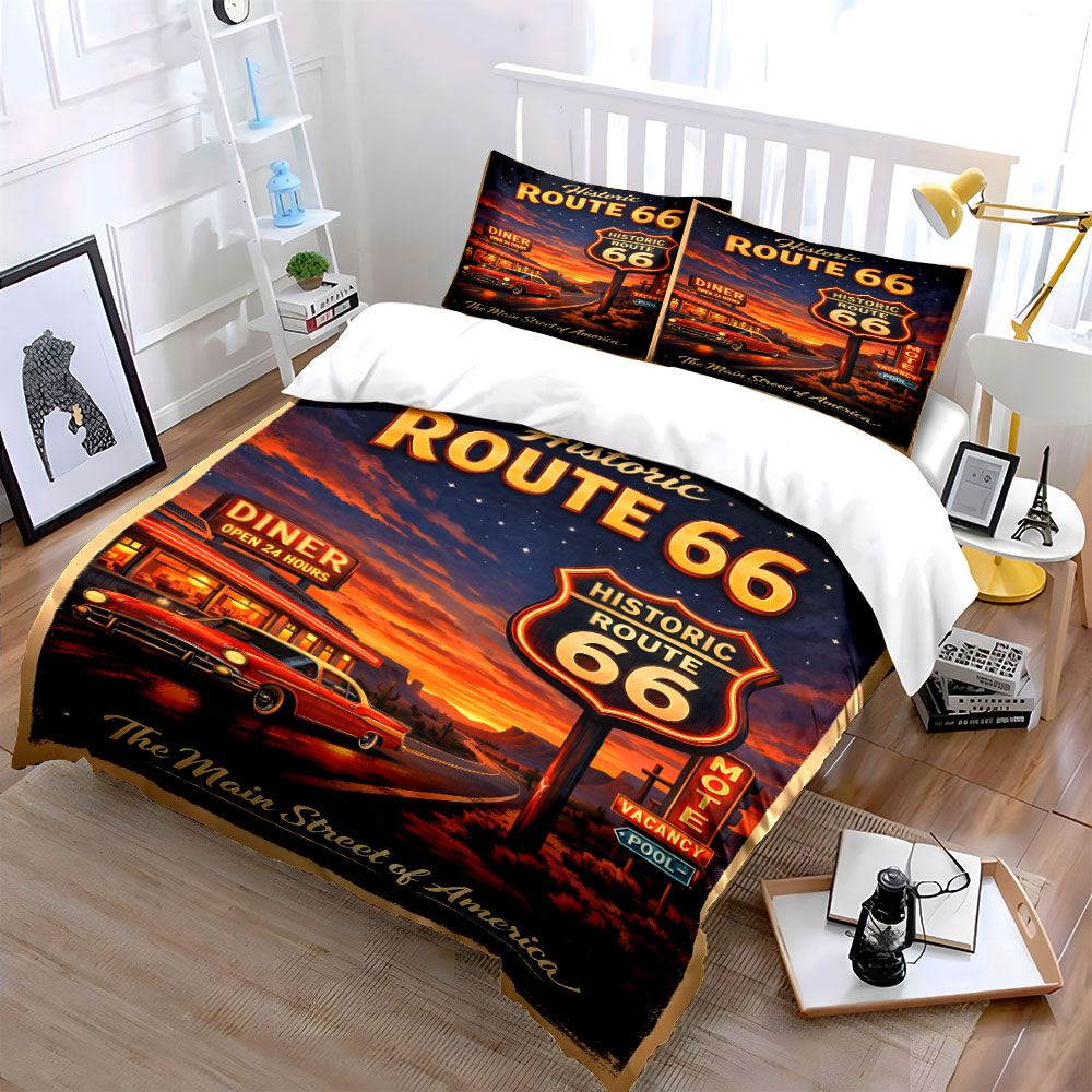 루트 66 패턴의 향수를 불러일으키는 밤 디지털 프린트 - Duvet Cover Sets With Zipper 리뷰 및 가격
