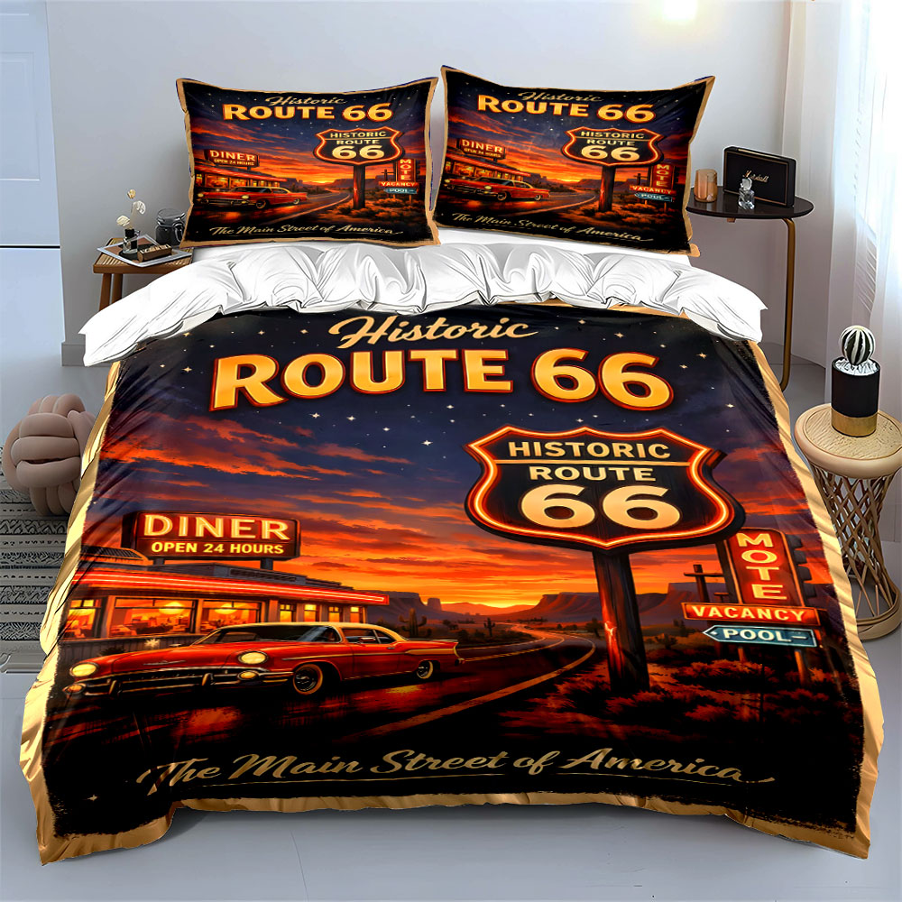 루트 66 패턴의 향수를 불러일으키는 밤 디지털 프린트 - Duvet Cover Sets With Zipper 리뷰 및 가격
