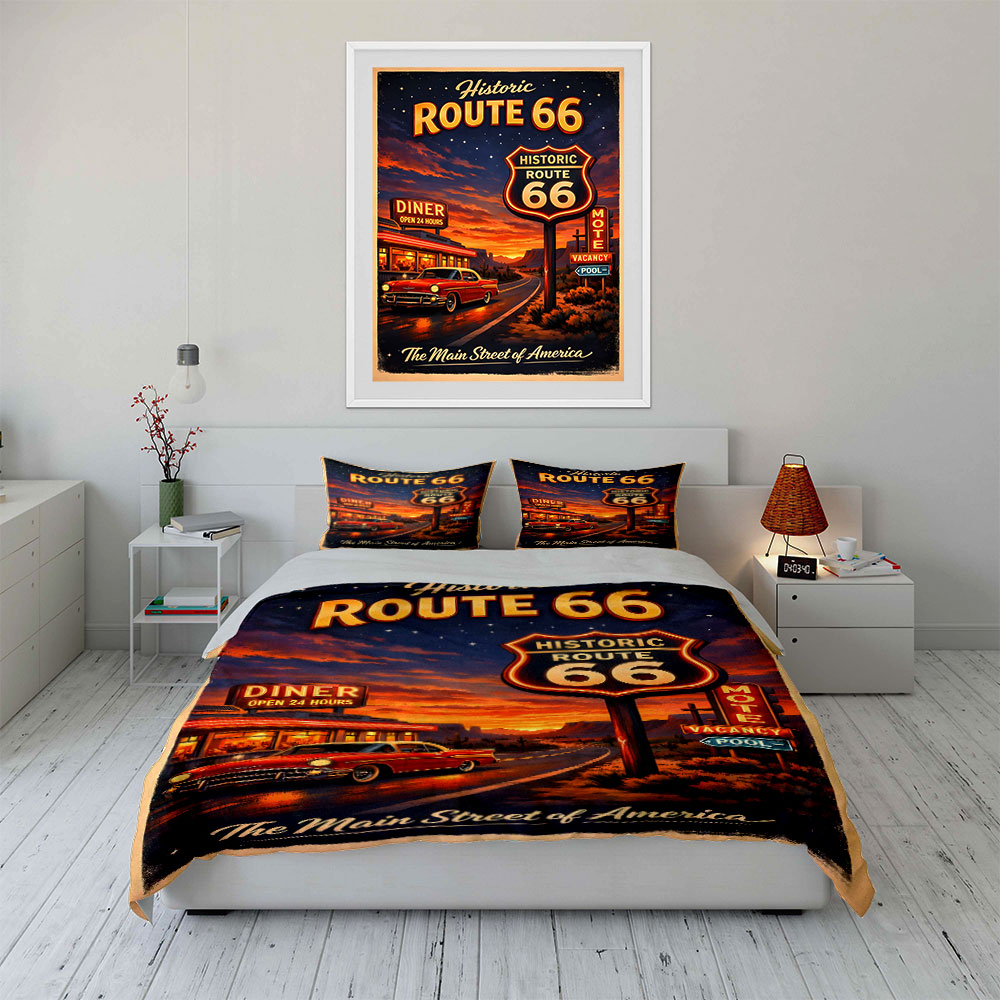 루트 66 패턴의 향수를 불러일으키는 밤 디지털 프린트 - Duvet Cover Sets With Zipper 리뷰 및 가격